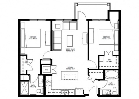 Floor plan for 2 beds, 2 baths, 1050 sqft